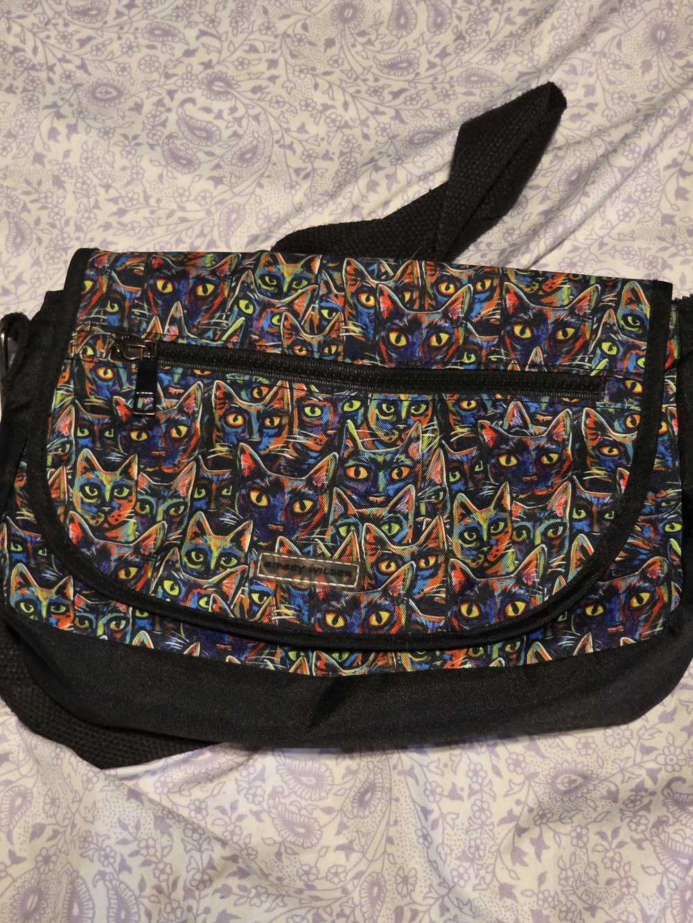 Multicolor Cat Print Crossbody Bag - Black